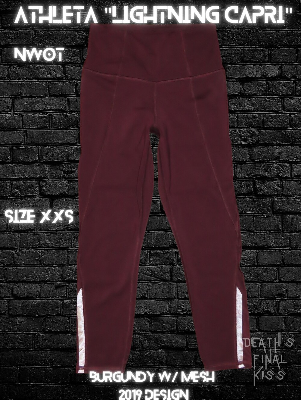 🆕 Athleta Burgundy Lightning Capri Leggings Pockets Mesh Peekaboo Roller Derby